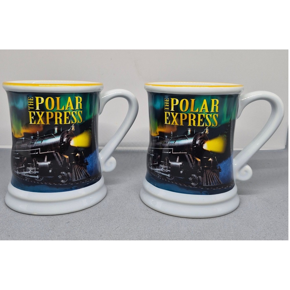 The Polar Express Coffee Mug Set 2 Piece Blue Aurora Borealis Train Ceramic Cup